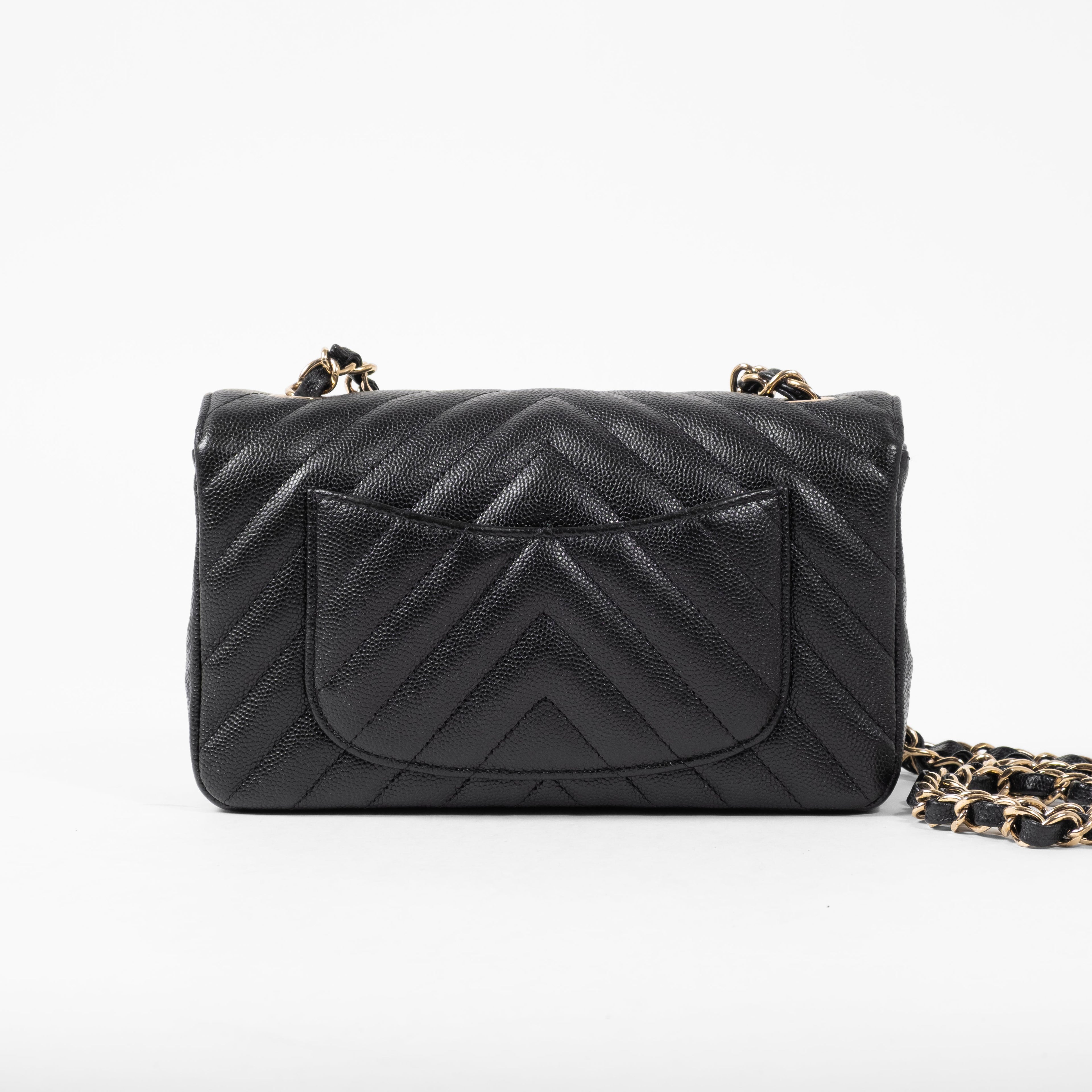 Chanel Classic Mini Rectangular Flap Bag in Black Chevron Caviar Gold Hardware