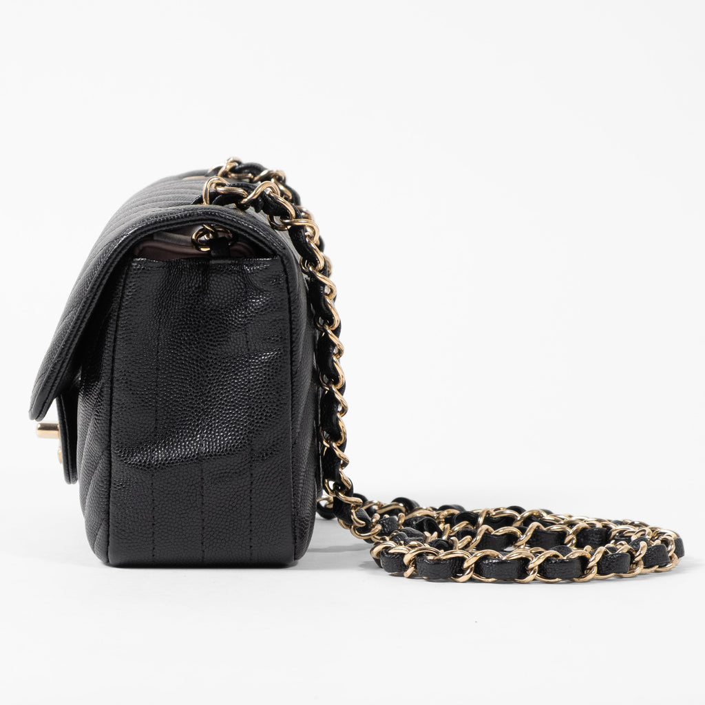 Chanel Classic Mini Rectangular Flap Bag in Black Chevron Caviar Gold Hardware