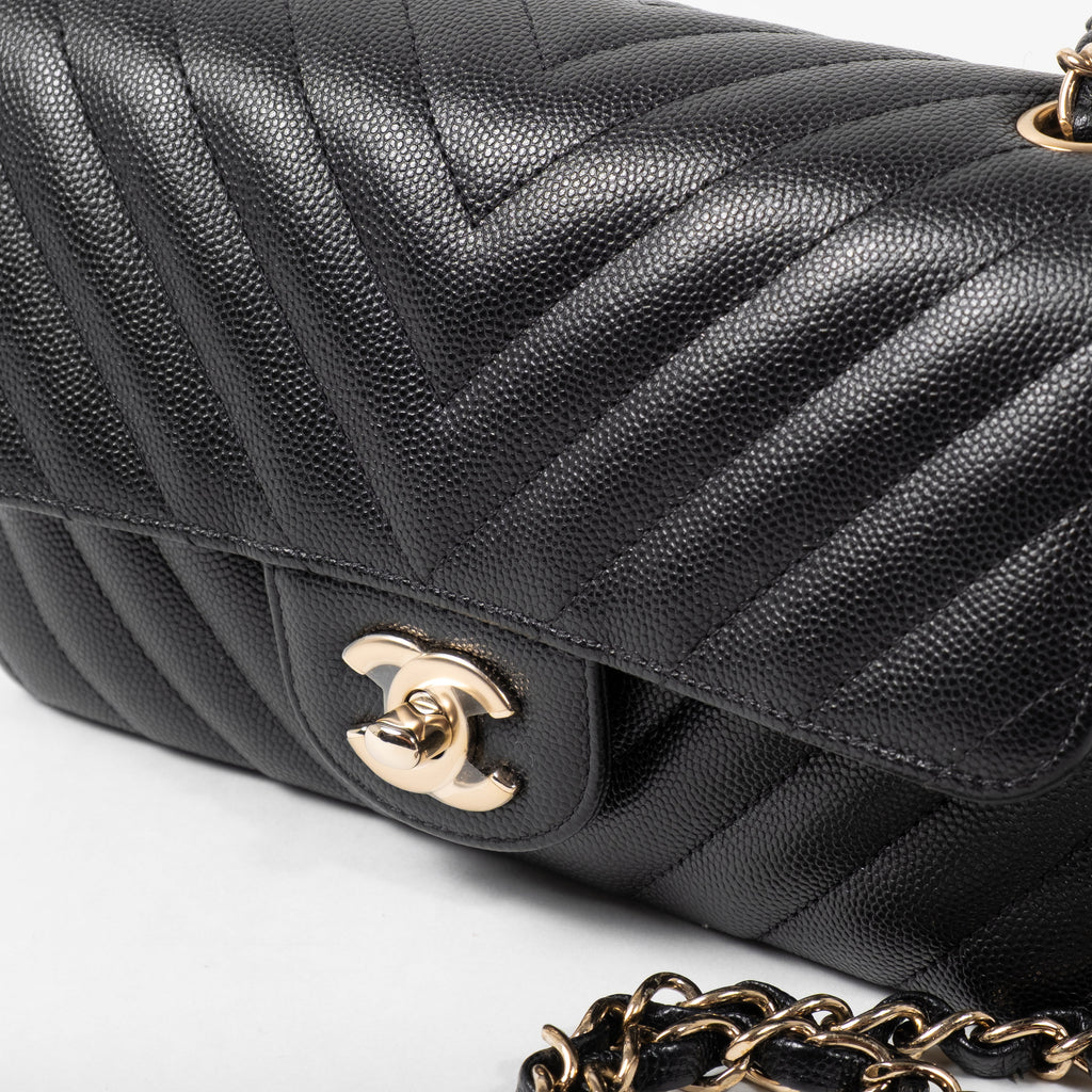 Chanel Classic Mini Rectangular Flap Bag in Black Chevron Caviar Gold Hardware