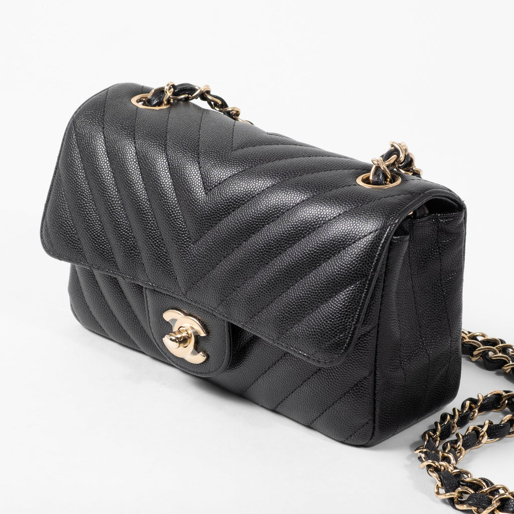 Chanel Classic Mini Rectangular Flap Bag in Black Chevron Caviar Gold Hardware
