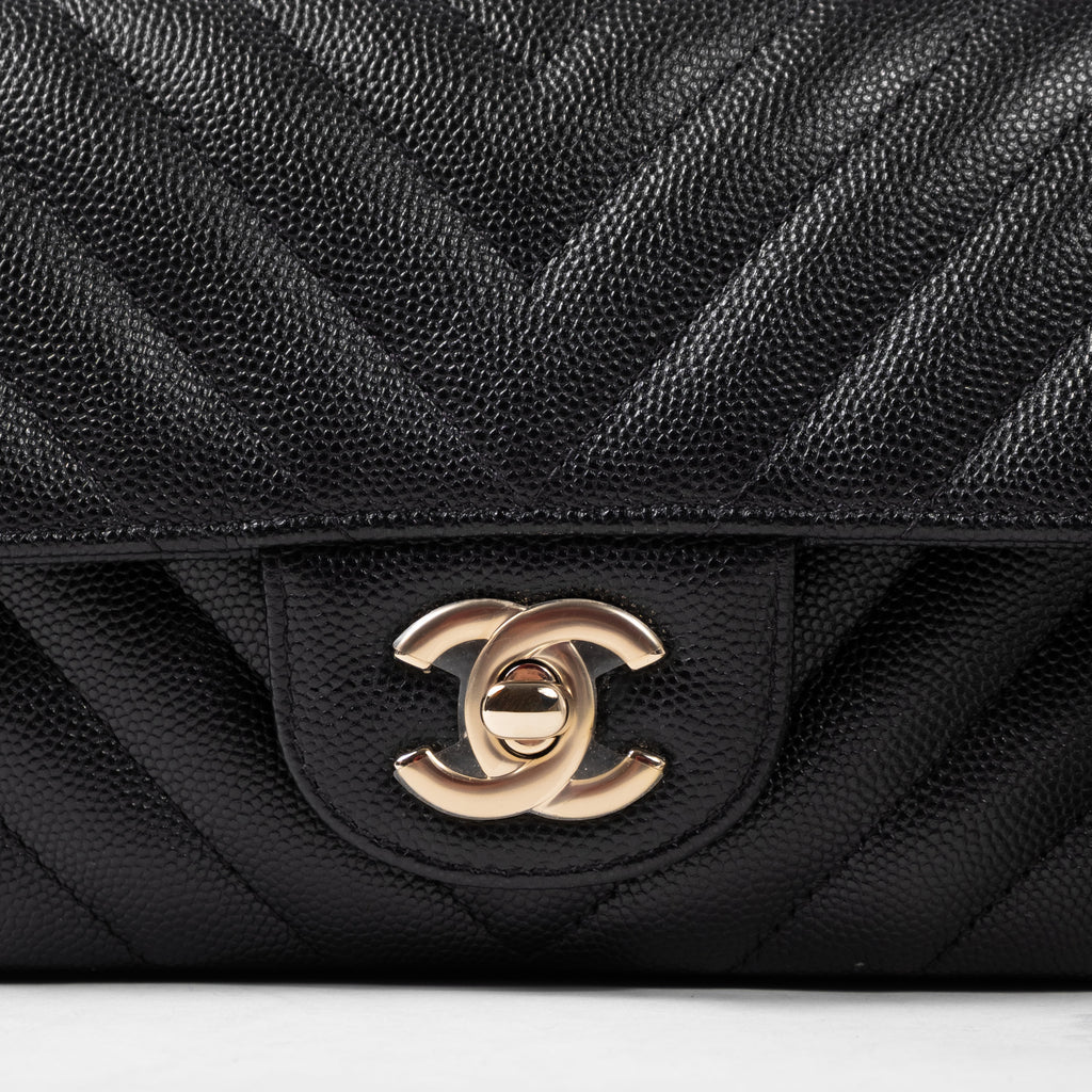 Chanel Classic Mini Rectangular Flap Bag in Black Chevron Caviar Gold Hardware