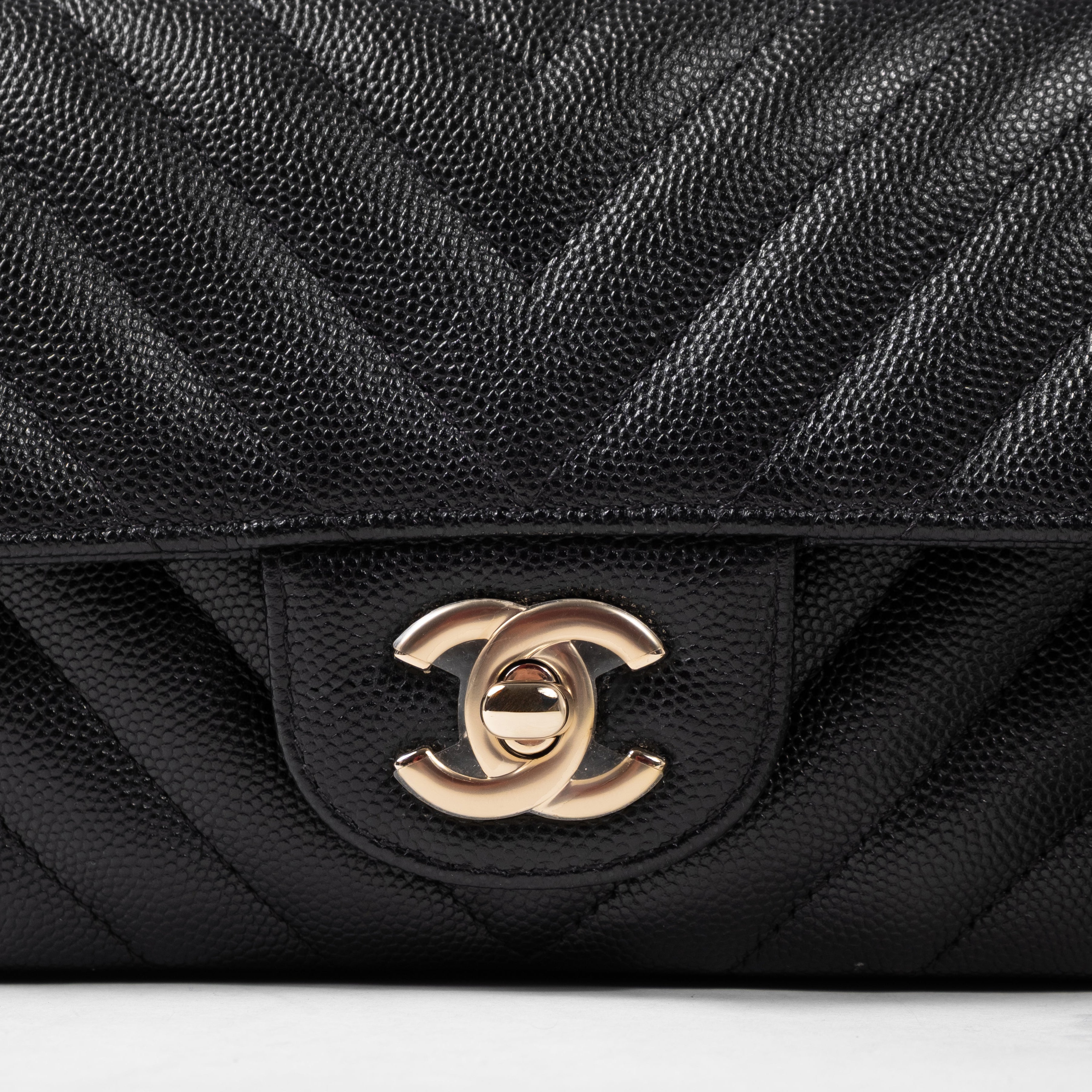 Chanel Classic Mini Rectangular Flap Bag in Black Chevron Caviar Gold Hardware