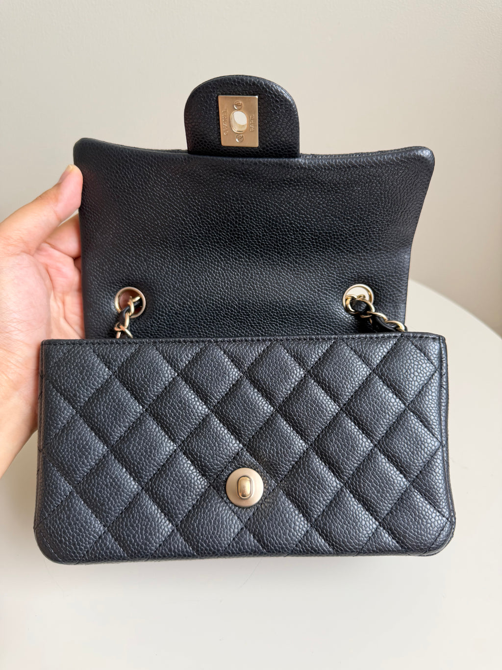 Chanel Mini Rectangular Flap in Black Caviar Matte Gold Hardware