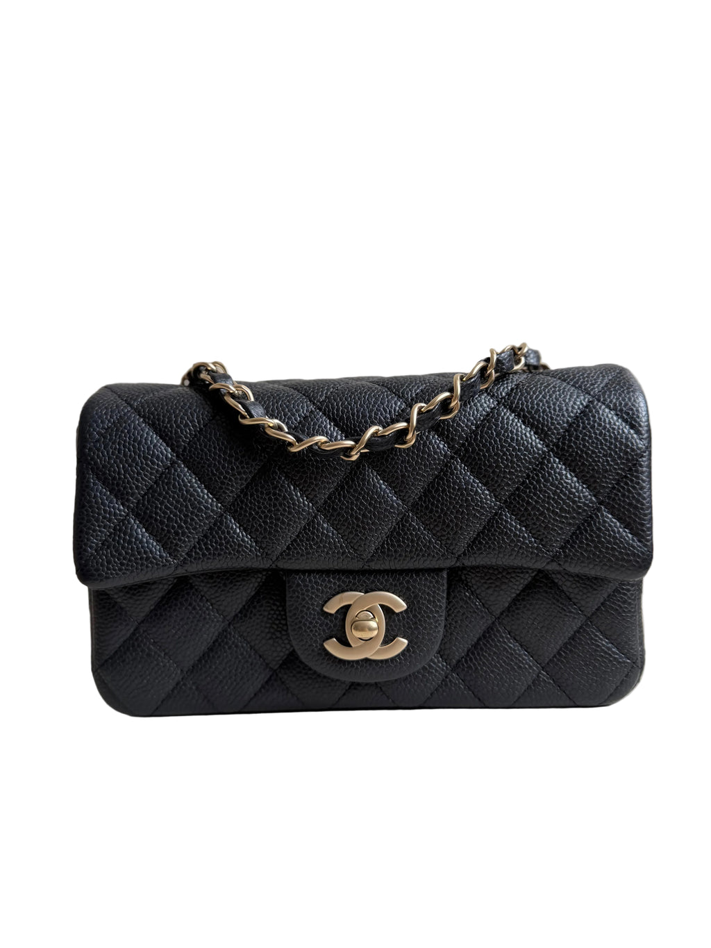 Chanel Mini Rectangular Flap in Black Caviar Matte Gold Hardware