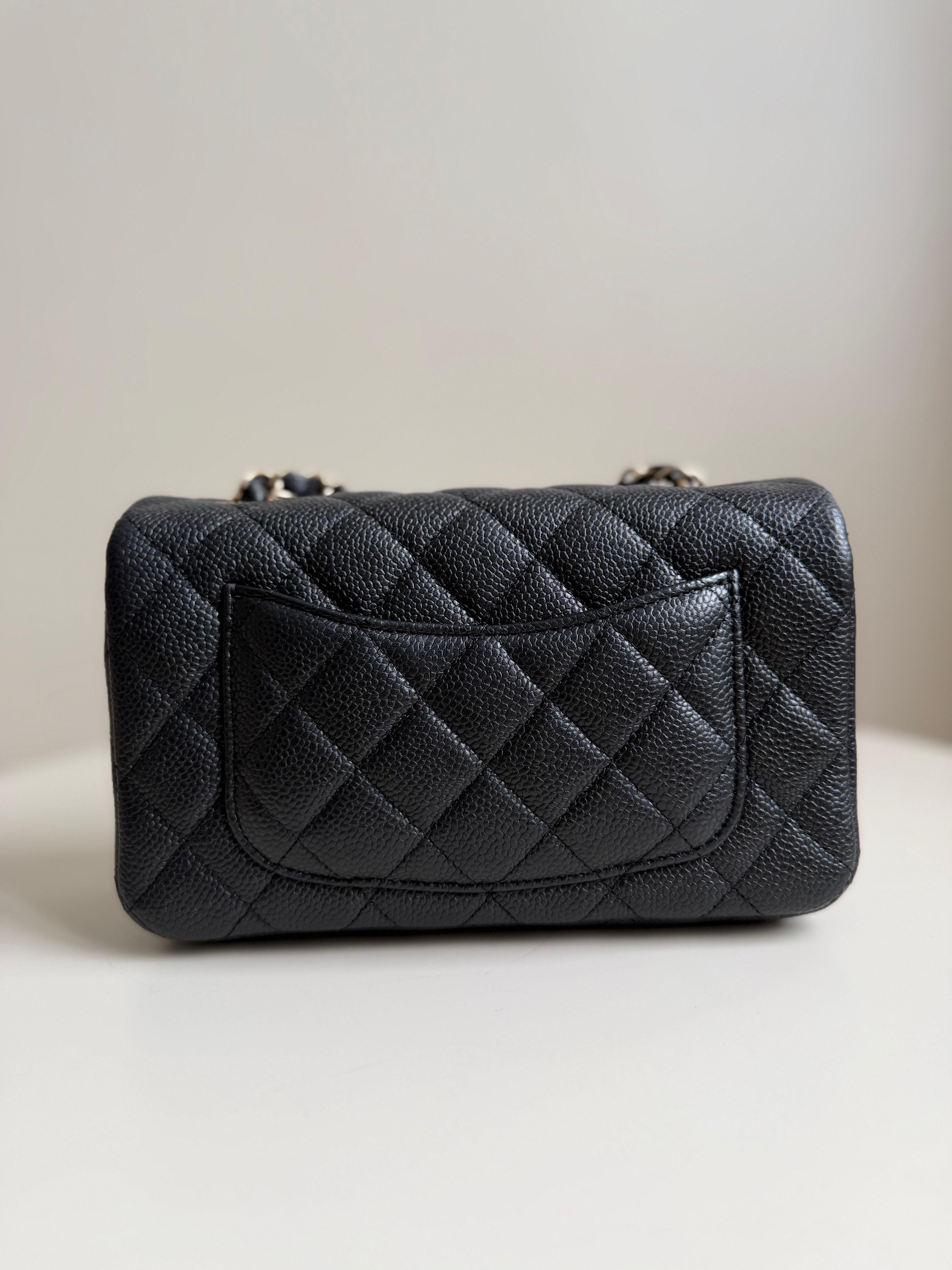 Chanel Mini Rectangular Flap in Black Caviar Matte Gold Hardware