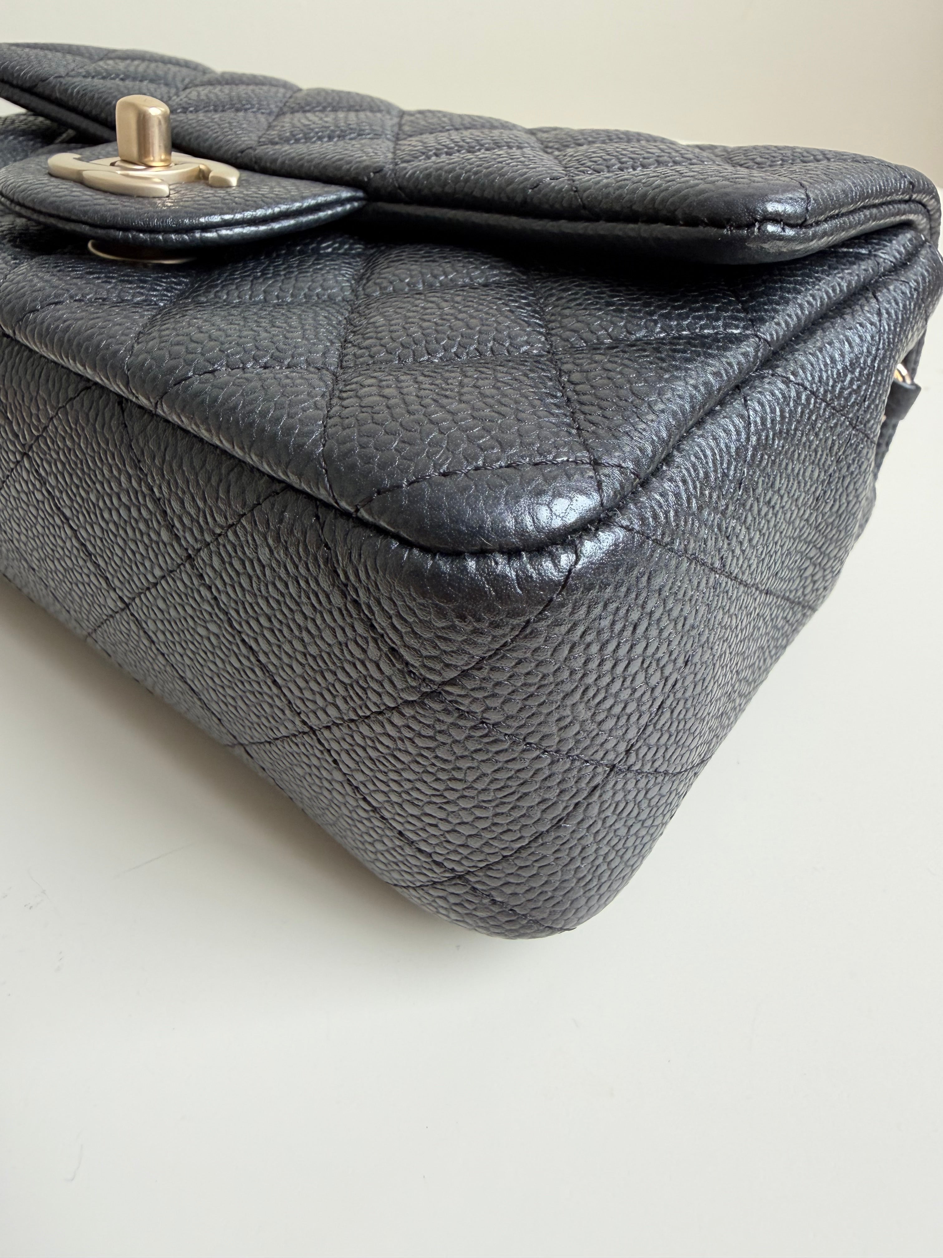 Chanel Mini Rectangular Flap in Black Caviar Matte Gold Hardware