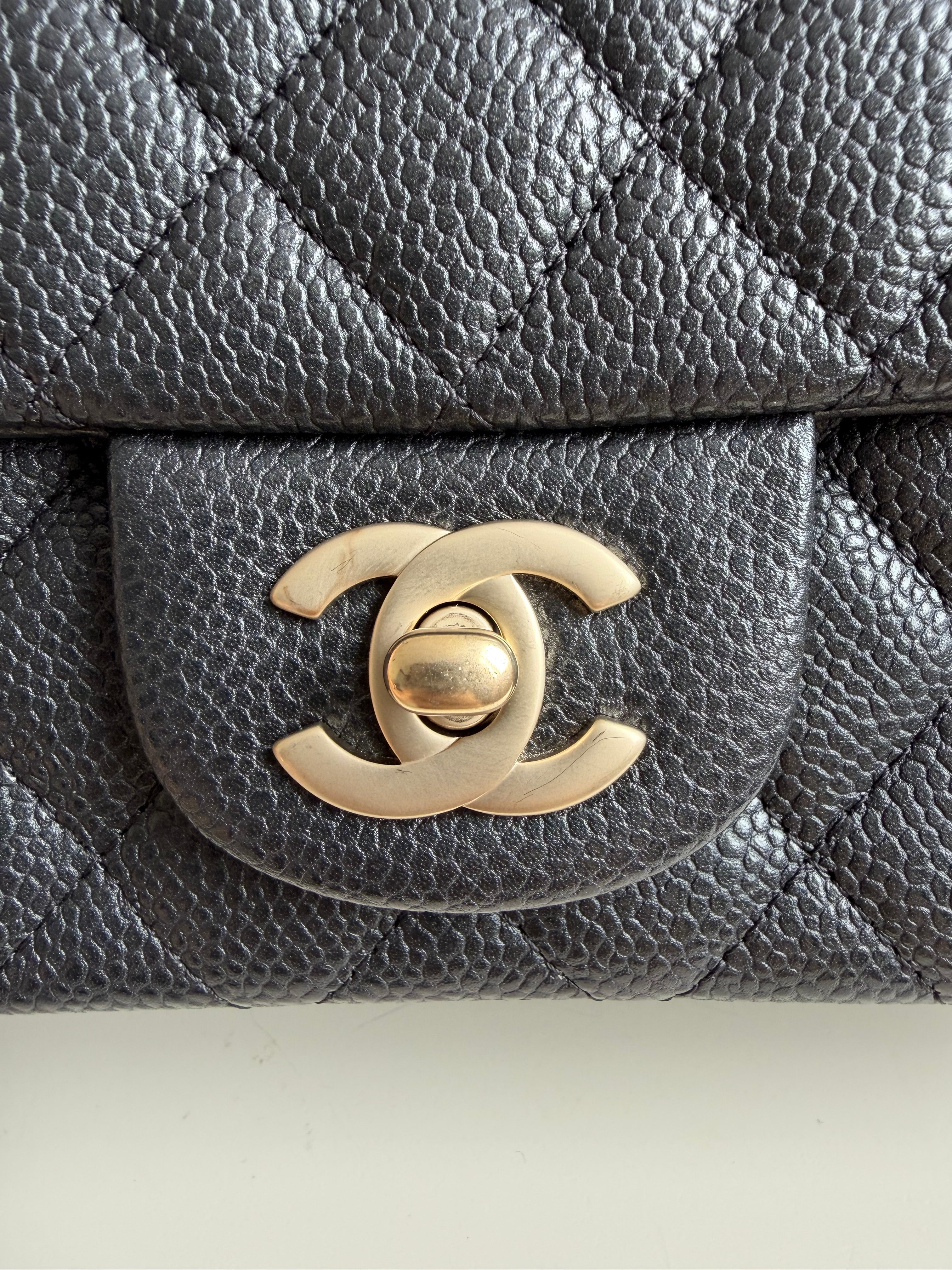 Chanel Mini Rectangular Flap in Black Caviar Matte Gold Hardware