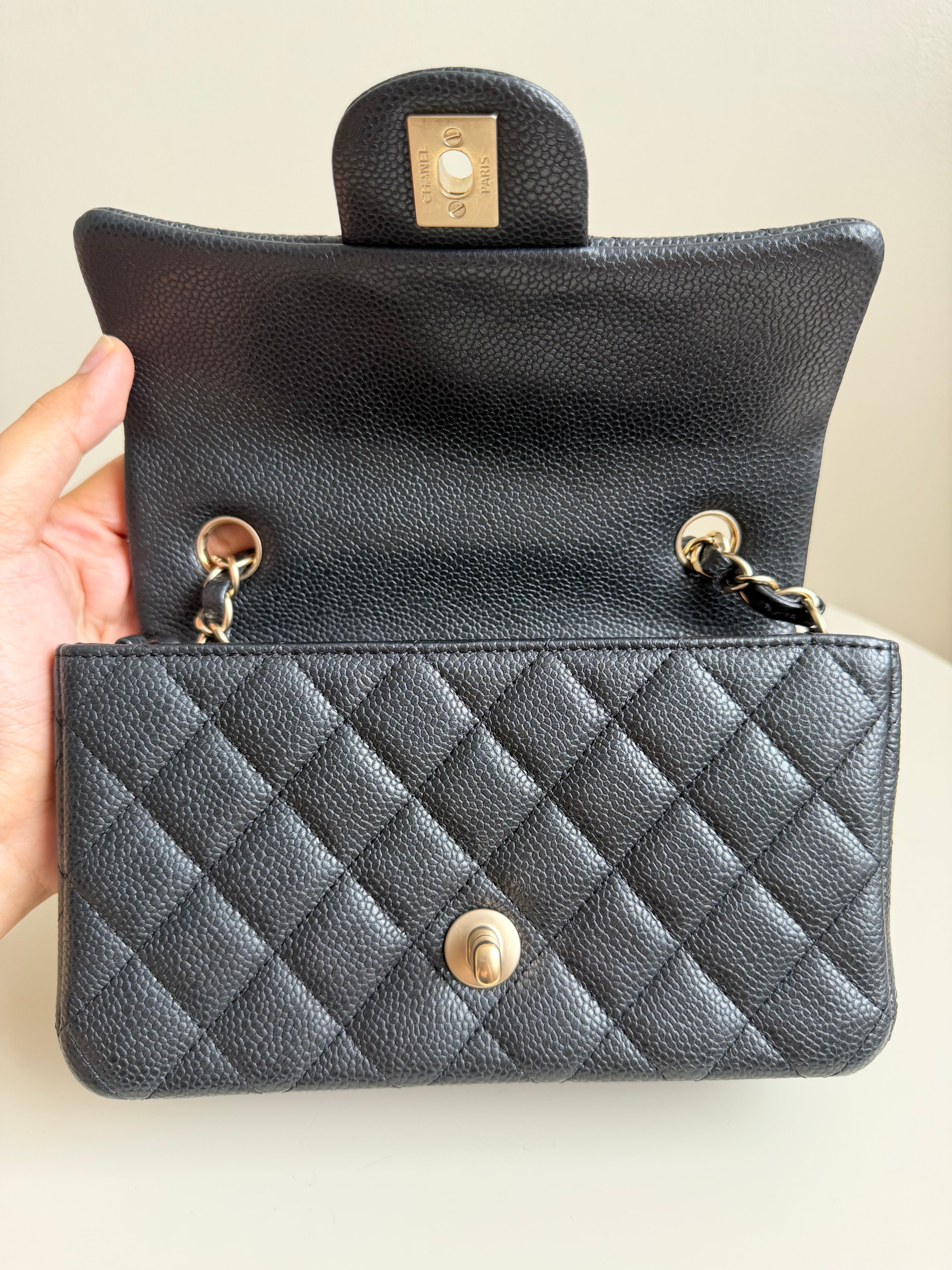 Chanel Mini Rectangular Flap in Black Caviar Matte Gold Hardware